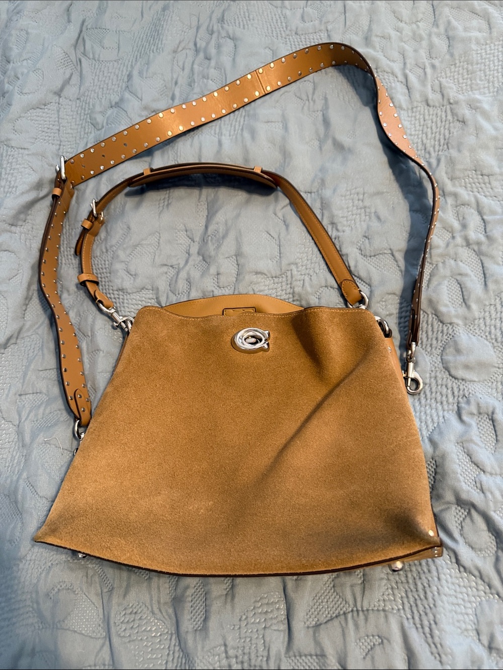 Coach Tan Suede Shoulder Bag with Studded Leather Strap